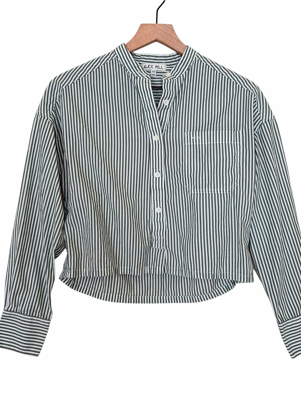 Alex Mill Green White Striped Cropped Mandarin Collar Poplin Shirt